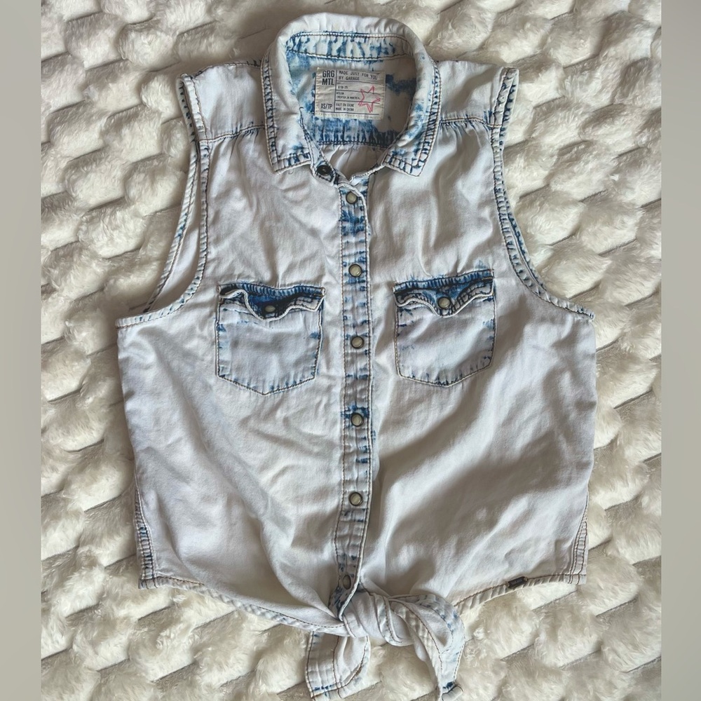 Garage Light Blue Tie-Front Sleeveless Denim Vest